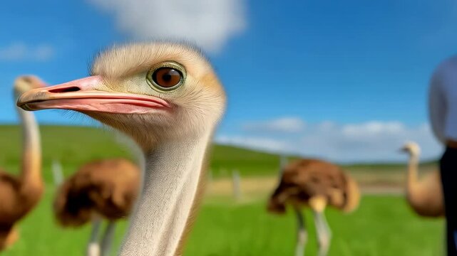 Curious Ostrich Close-Up on the Farm Head and Neck Portrait Group of Ostriches in the Background