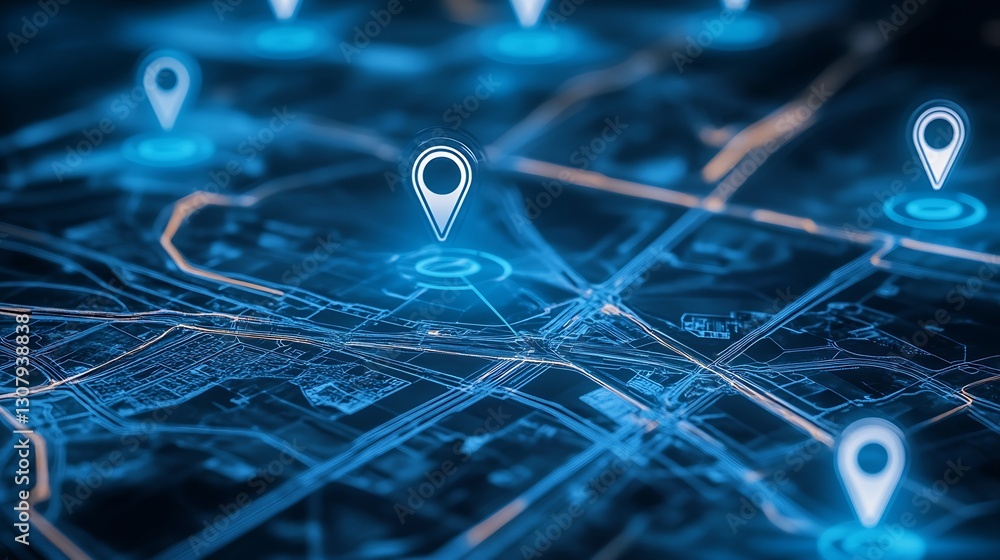 Aufkleber High-tech urban map showing interactive glowing location markers in a futuristic style : Generative AI