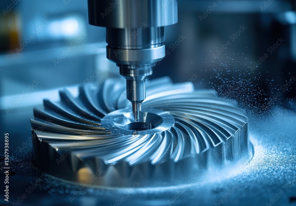 Poster precision cnc machining of metal gear component with high-speed milling tool in workshop setting