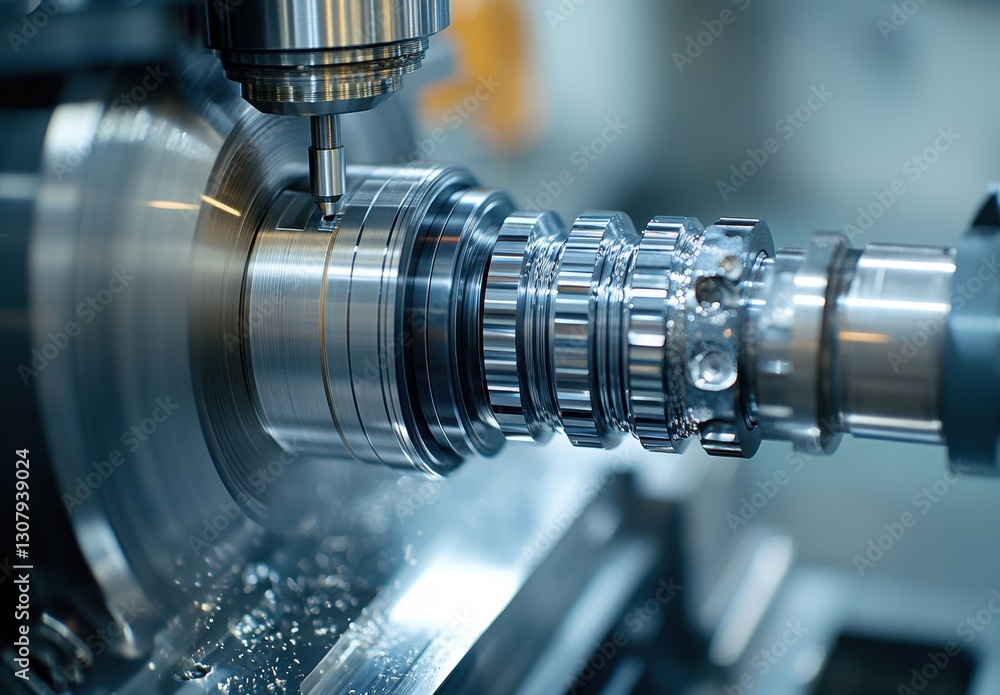Poster precision machining process of a metal component on a cnc lathe, showcasing intricate details and hi