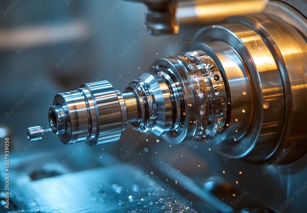Poster precision machining process in a metalworking workshop, showcasing intricate detail of a lathe cutti