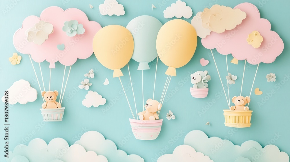 Poster whimsical paper cutout playground featuring teddy bears floating among colorful balloons and clouds 
