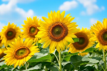 Fototapeta premium Field of sunny sunflowers stretching towards a bright blue sky with fluffy clouds : Generative AI