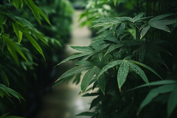 Close-up of vibrant bamboo leaves glistening with morning dew in a lush environment : Generative AI