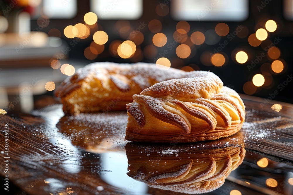 Poster rustic wooden countertop with fuzzy pastry display and twinkling bokeh background