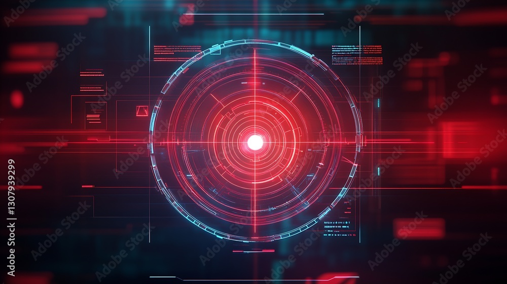 Aufkleber Advanced digital technology interface featuring vibrant red circular graphics and data displays : Generative AI