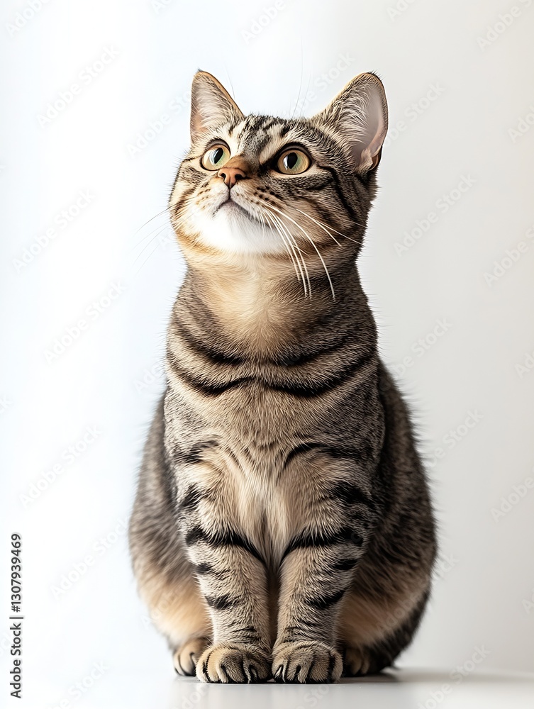 Poster elegant tabby cat with bright eyes sitting gracefully and looking upward : generative ai