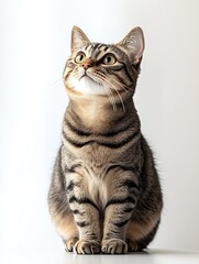 Obraz premium Elegant tabby cat with bright eyes sitting gracefully and looking upward : Generative AI