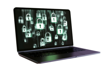 A laptop displaying a digital security concept with floating green lock icons, symbolizing cybersecurity.