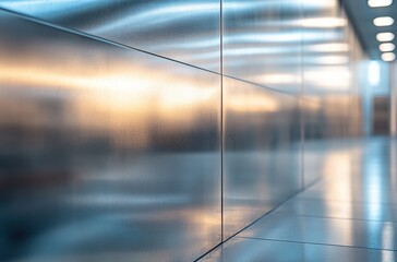 Reflection of a Modern Industrial Corridor with Shiny Metal Walls Capturing Warm Sunset Light Amidst a Clean and Sleek Environment