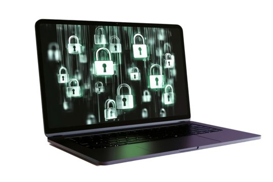 A laptop displaying a digital security concept with floating green lock icons, symbolizing cybersecurity.