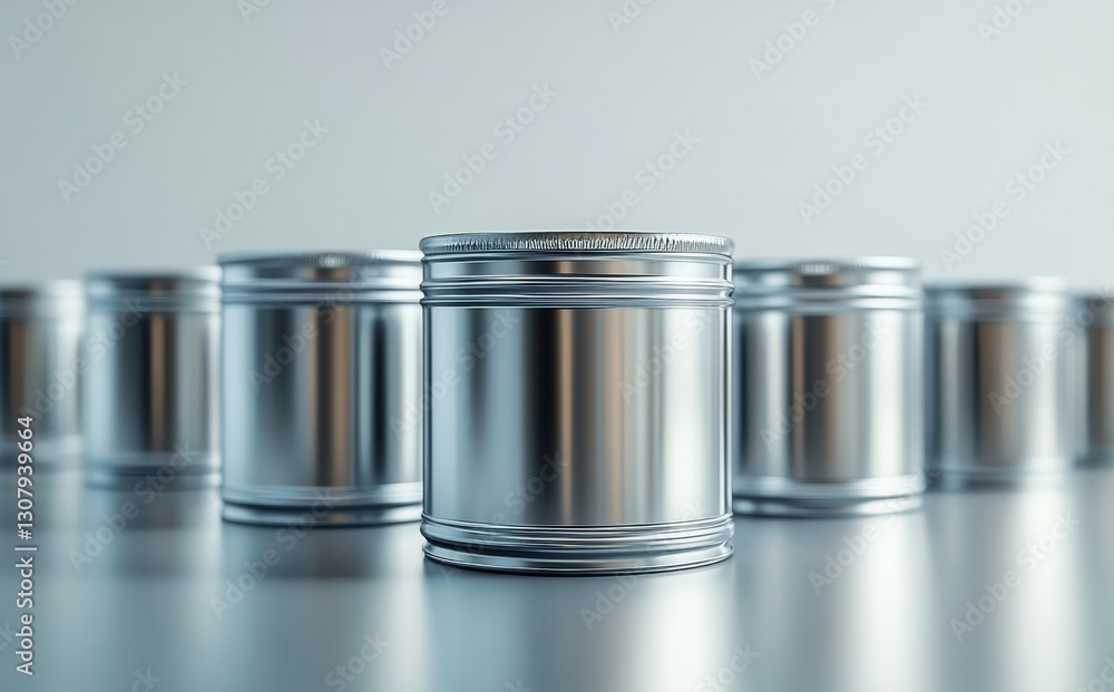 Poster reflective metal containers arranged on a surface with soft lighting creating a modern, minimalist a
