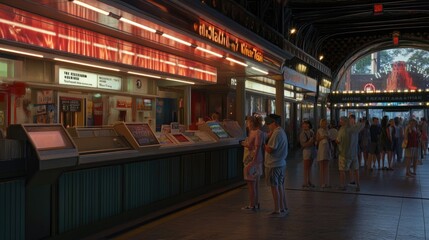 Bustling city hub with ticket counters and eager crowds near a landmark