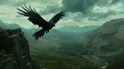 Fototapeta premium Raven in flight over dramatic mountain valley.