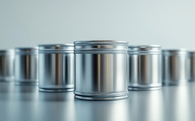 Reflective metal containers arranged on a surface with soft lighting creating a modern, minimalist aesthetic suitable for various creative projects and designs