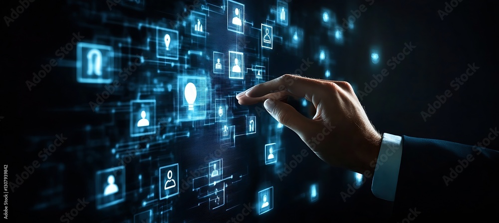 Fototapete hand reaching for digital interface with multiple icons and data connections in a dark space : gener