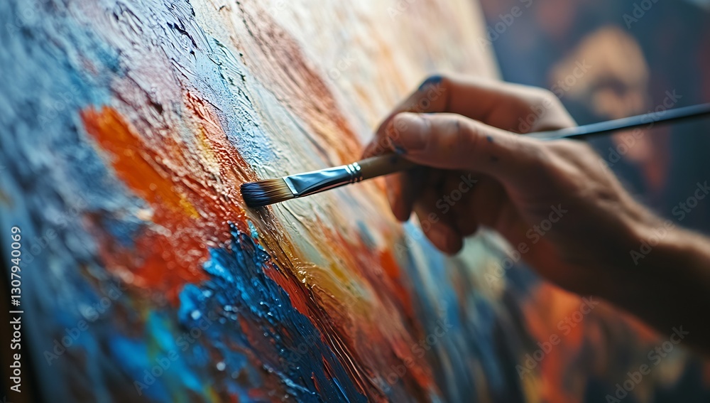 Poster dynamic close up of an artist's hand engaged in painting with rich vibrant colors and brush techniqu