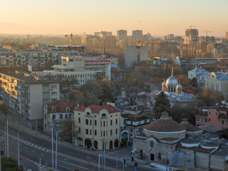 Sunset panrama of Plovdiv city from Nebet Tepe hill, Bulgaria