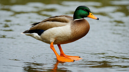 Fototapeta premium A mallard duck standing on orange feet, with vibrant green head.