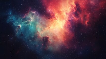 Naklejka premium Vibrant nebula with red, orange, and teal colors.