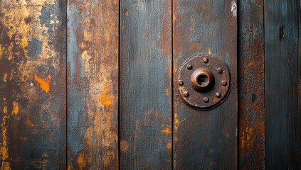 Obraz premium Rustic wooden door with weathered blue paint and aged metal handle showcasing intricate texture and rich history of decay and charm