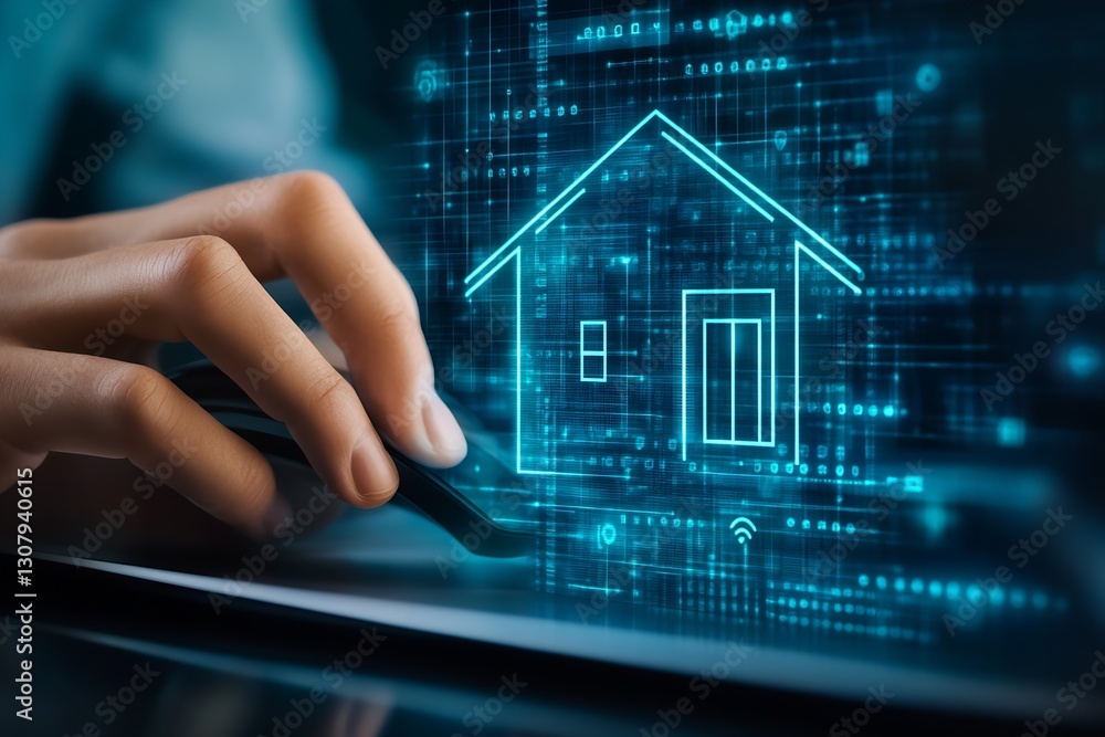Poster Close-up of a hand navigating a smart home interface featuring a house symbol on a computer screen : Generative AI