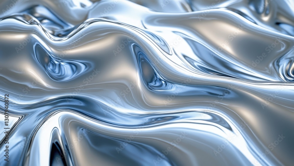 Poster shimmering silver liquid surface with soft wave patterns under light, ideal for backgrounds, texture