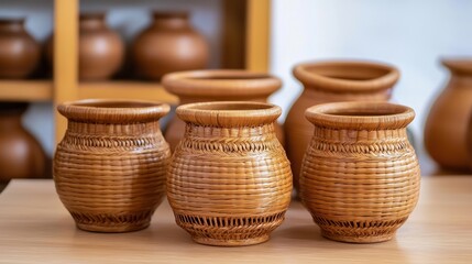 Handcrafted clay pots with woven texture.
