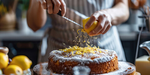 Obraz premium A home chef grating fresh lemon zest over a freshly baked vegan cake