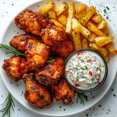 Delicious BBQ Chicken Wings with Crispy Fries and Creamy Dip - A Realistic Food Photo
