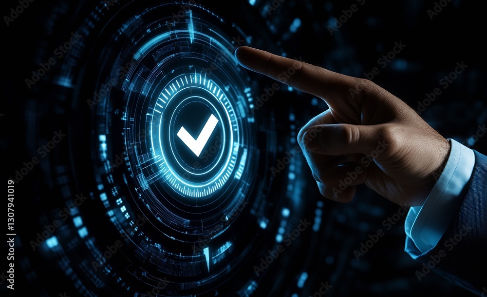 Aufkleber Dynamic finger signaling a glowing check symbol on an advanced digital interface representing confirmation : Generative AI