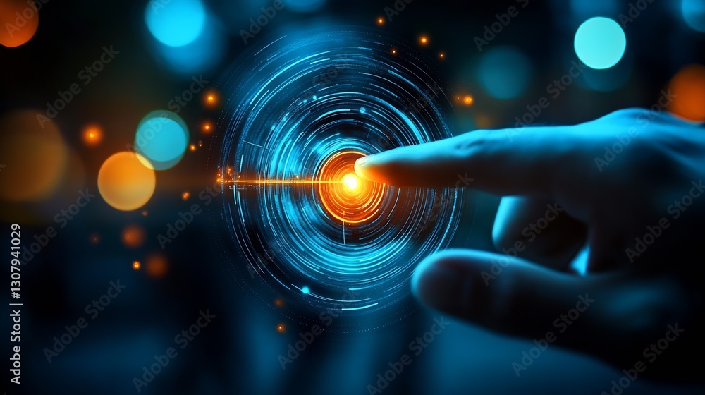Poster a hand reaching toward a glowing digital interface depicting futuristic technology and vibrant color