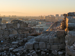 Sunset panrama of Plovdiv city from Nebet Tepe hill, Bulgaria