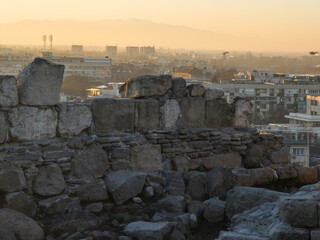Sunset panrama of Plovdiv city from Nebet Tepe hill, Bulgaria