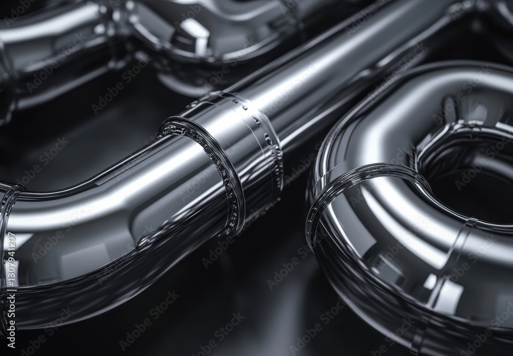 Aufkleber shiny metallic pipes with smooth surface and reflective finish on dark background for industrial des
