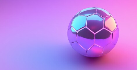 Fototapeta premium Shiny Soccer Ball on Gradient Background with Purple and Pink Hues, Futuristic Look for Sports, Recreation, and Youth Themes in Digital Design