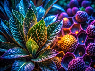 Obraz premium Abstract Honeycomb Plant Texture Botanical Night Photography - Dark Green and Purple Hues