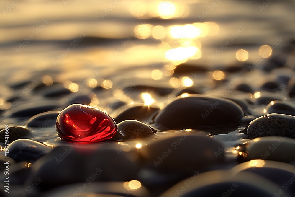Poster Radiant Red Gemstone on a Wet Pebble Beach with Sunset Reflection : Generative AI