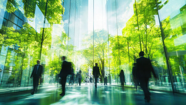 The concept of sustainability in business centers, crowds of business people walking at a corporate office in a green city downtown, abstract motion blur image with blurred background,