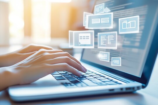 Person Typing on Laptop with Digital Data Interface Representing Information Management : Generative AI - Powered by Adobe