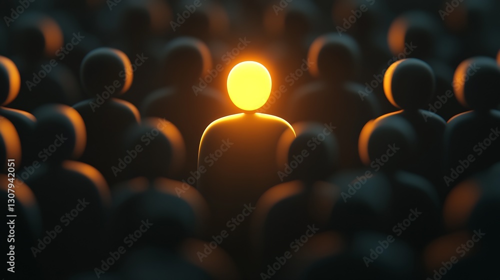 Poster solo illuminated figure emerging from darkness portraying strength and confidence in a crowd : gener