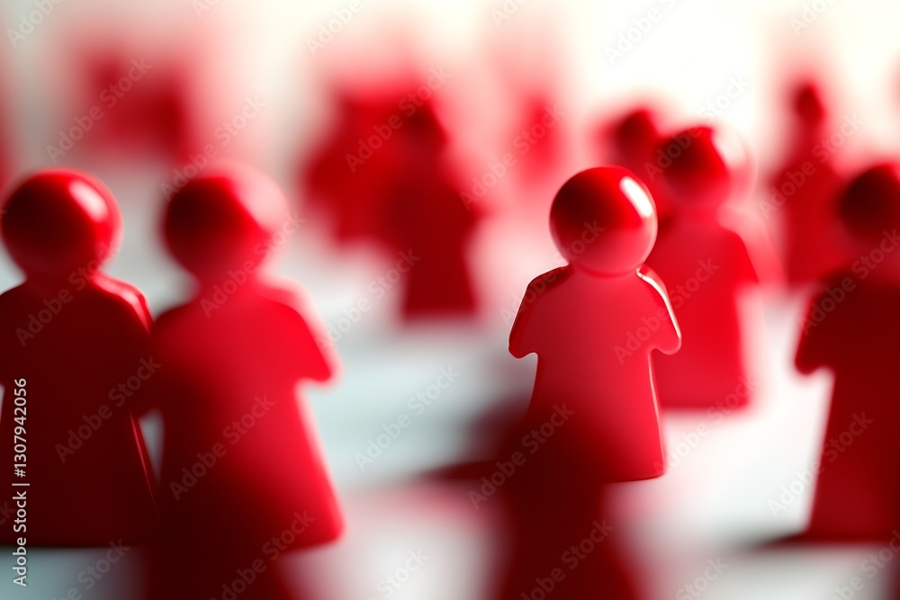 Poster detailed scene of red figurines highlighting individuality and community spirit through a playful ar