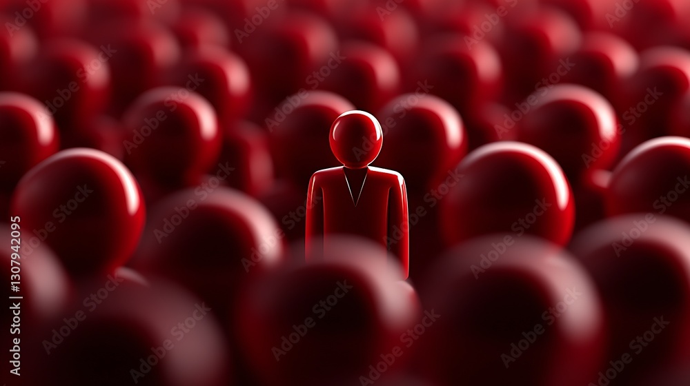 Poster A Unique Red Figure Stands Out in a Sea of Red Sphere Shapes Representing Individuality in a Crowd : Generative AI