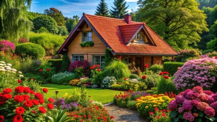 House with red roof amidst lush garden, surrounded by trees and vibrant flowers, warm, beauty,  warm,beauty