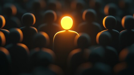 Obraz premium Solo illuminated figure emerging from darkness portraying strength and confidence in a crowd : Generative AI
