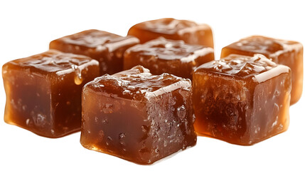 Caramel Cubes Dripping on White Background, Isolated Caramel Candy