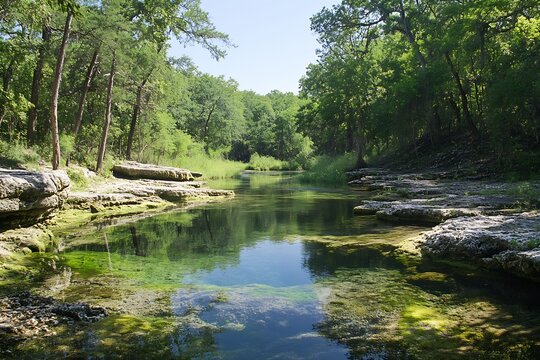 Sunny day by a peaceful river with clear water surrounded by rugged rocks and green trees : Generative AI