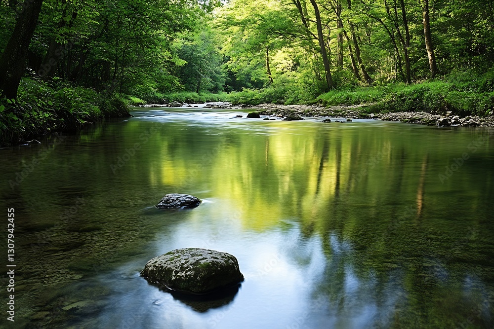 Poster Tranquil river scene with reflection of trees and smooth boulders : Generative AI
