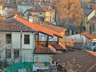 Sunset panrama of Plovdiv city from Nebet Tepe hill, Bulgaria