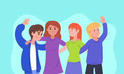 Obraz premium Happy friends waving and embracing together